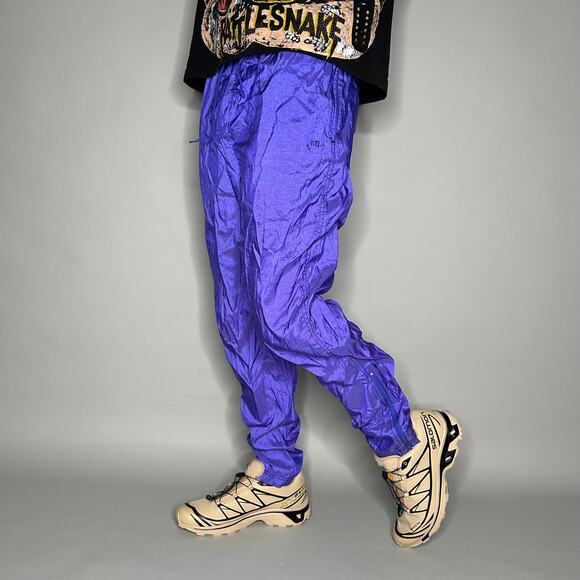Vintage Nike Track Pants Violet Purple Nylon Joggers Black Logo Ankle Zipper 90s